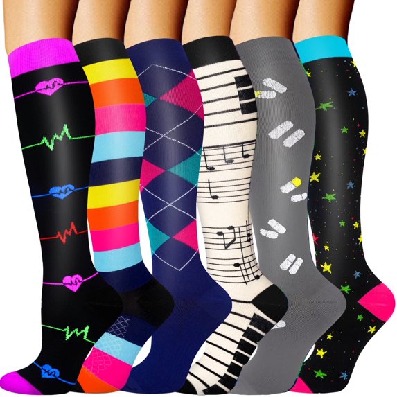 6Pairs Compression Socks for Women & Men Circulation 15-20 mmHg - Better Blood Flow, Swelling , Best Support for Medical, Running, Nursing