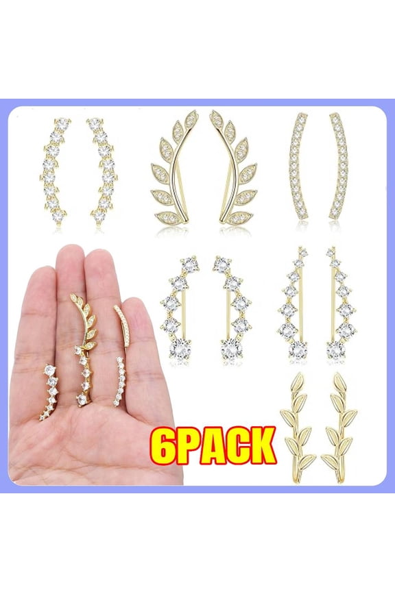 6Pairs Ear Cuffs Climber Earrings for Women Silver Plated Cartilage Crawler Earring Cubic Zirconia Hypoallergenic Piercing Post Pin Stud