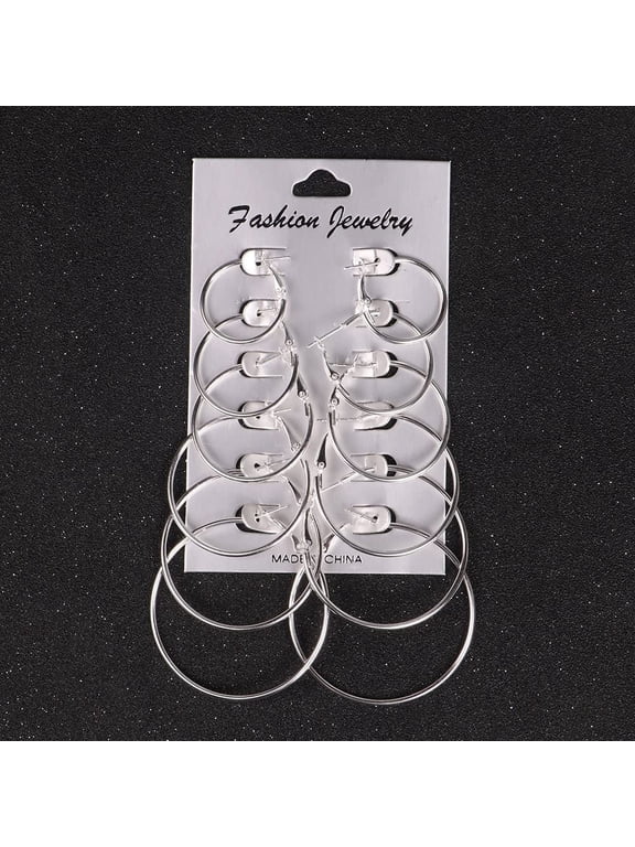 6Pairs Geometric Hoops Round Earrings Stainless Steel Hypoallergenic Loop Earrings Set for Women,Silver ,30-80mm