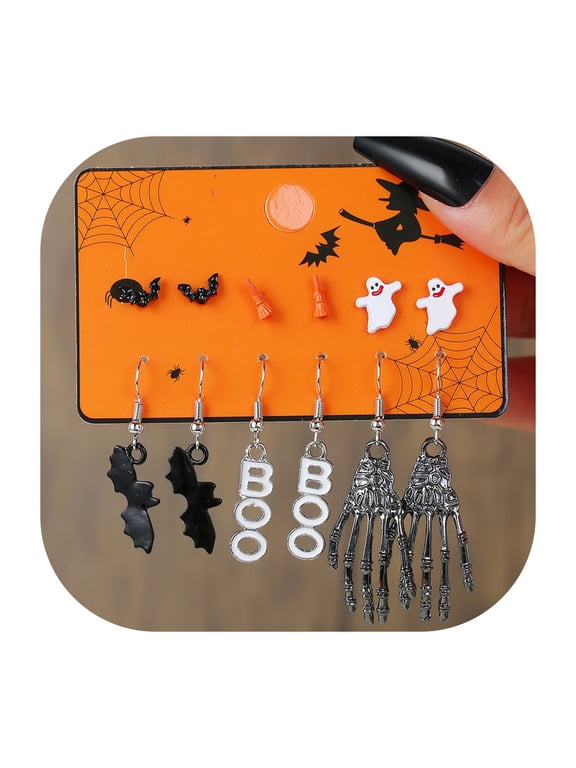 6Pairs Halloween Earrings Set Bat Skeleton Hand BOO Ghost Spider Witch Broom Enamel Ear Jewelry Dangle Stud Earrings Cosplay Party Jewelry