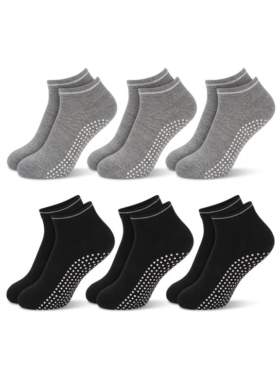 Yoga Socks for Women Non-Slip, 6 Pairs (3 Black + 3 Gray) Breathable Cotton Grippy Socks with Silicone Dots for Pilates, Trampoline, Dance, and Gym Workouts