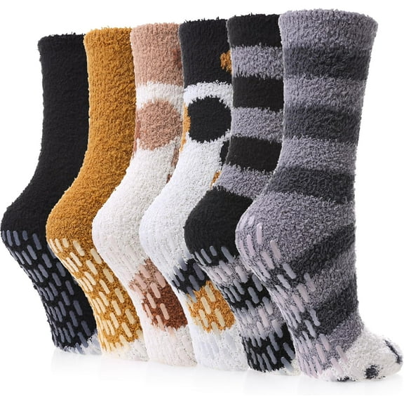 6Pairs Non Slip Socks for Women Winter Warm Cozy Fuzzy Slipper Socks Soft Fluffy Hospital Socks with Grips