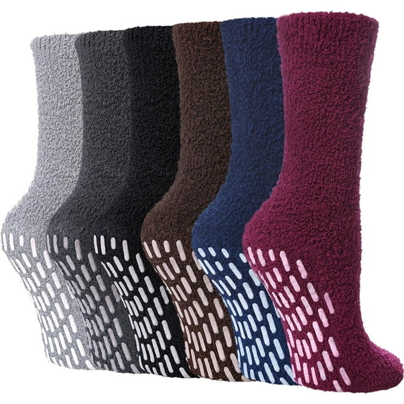 6Pairs Non Slip Socks for Women Winter Warm Cozy Fuzzy Slipper Socks Soft Fluffy Hospital Socks with Grips