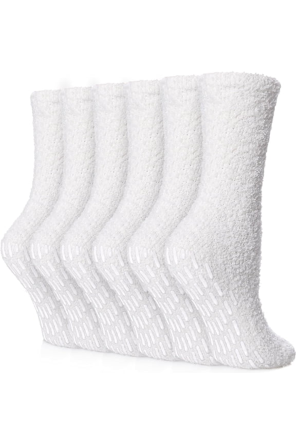 6Pairs Non Slip Socks for Women Winter Warm Cozy Fuzzy Slipper Socks Soft Fluffy Hospital Socks with Grips