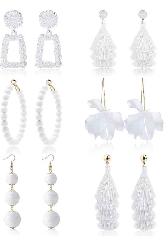 6Pairs Statement Earrings For Women Drop Raffia Earrings Boho Long Tassel Earrings Dangle Geometric Earrings Fringe Drop Handmade Earrings Hot Pink Earrings For Women[Z1]