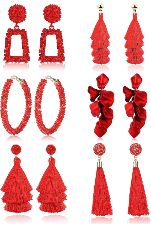 6Pairs Statement Earrings For Women Drop Raffia Earrings Boho Long Tassel Earrings Dangle Geometric Earrings Fringe Drop Handmade Earrings Hot Pink Earrings For Women[Z1]