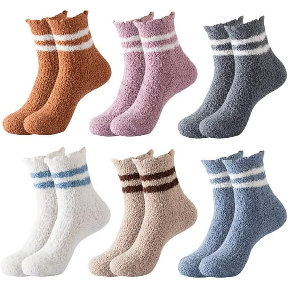 6Pairs Women Christmas Fuzzy Socks Fluffy Socks Winter Warm Cozy Striped Socks Crew Socks