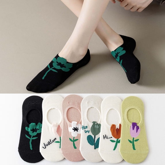 6Pairs Women Cute Floral Patterned Casual Cotton Low Cut Socks Novelty Colorful Girl Dress Socks