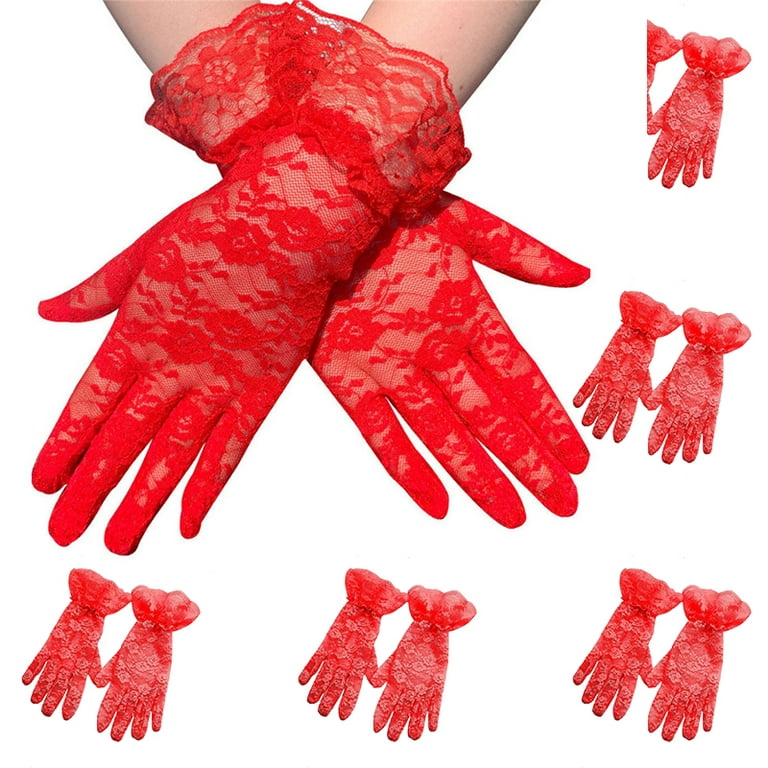 6Pairs Women Vintage Short Lace Gloves Derby Tea Party Wrist Length Floral  Gloves for Dinner Fancy Costume Accessories Gloves (One Size,Red)