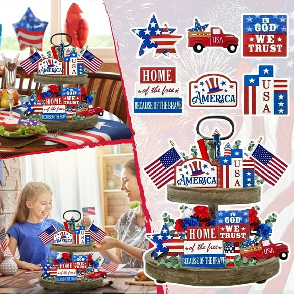 6Pc 4Th Of July Decor Patriotic Layered Tray Decor, 7 Inch 4Th Of July Wooden Sign Set For Independence Day Home Decor, Usa & Stars Themed Trays For Tiered Tray Display