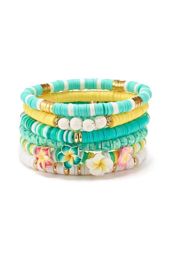 6Pc 6 Style Natural Lava Rock & Polymer Clay Heishi Surfer Stretch Bracelets Set Stone Preppy Bracelets with Plumeria Flower Inner Diameter 2-3/8 inch