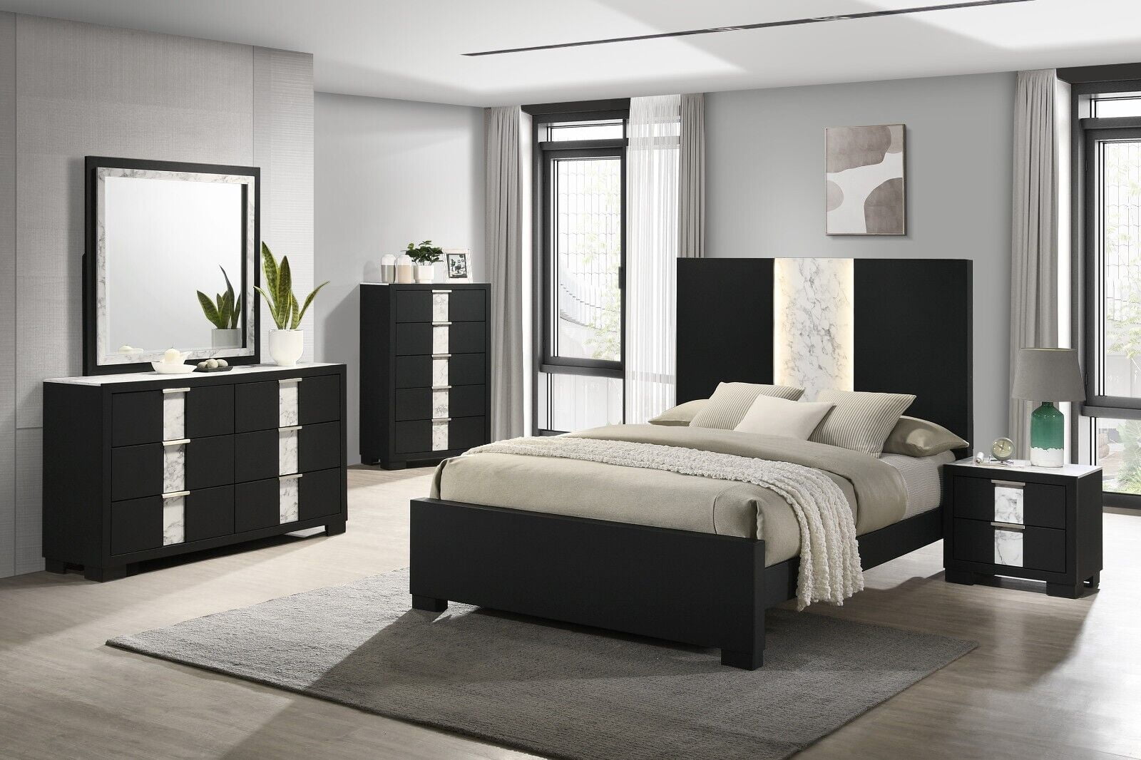 6Pc Beautiful Master Bedroom Suite Black/White Finish King Size Sleek ...