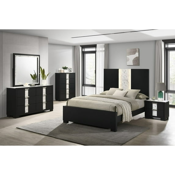 6Pc Beautiful Master Bedroom Suite Black/White Finish Queen Size Sleek Bed Set Solid Wood Furniture