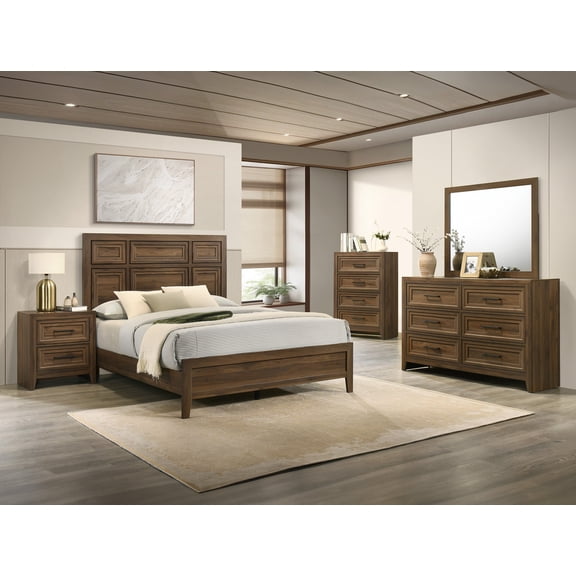 6Pc Brown Architectural Paneling Queen Bed Dresser Mirror Nightstands Chest Set Furniture
