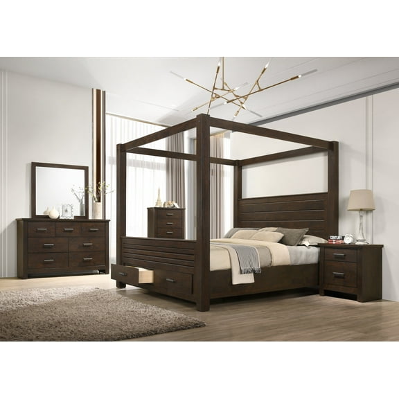 6Pc Brown Queen Canopy Bed Set Storage Footboard Luxurious Bedroom Furniture