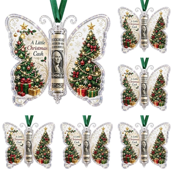 6Pc Christmas Tree Cash Holder Ornaments, Clear Acrylic Butterfly Design Cash Tube Holder With Hanging Ribbon For Holiday, Tree Wreath And Gift Giving