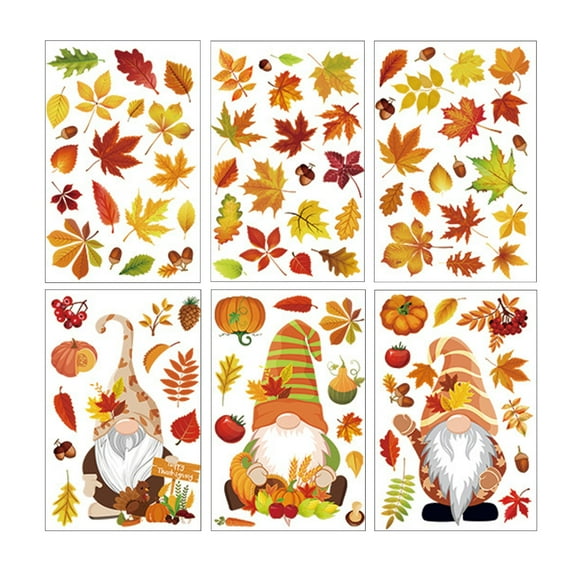 6Pc Fall Window Stickers, Self - Adhesive Autumn Leaf & Gnome Window Decorations With Harvest Elements For Thanksgiving, Home Window Displays, Seasonal Room Decorations