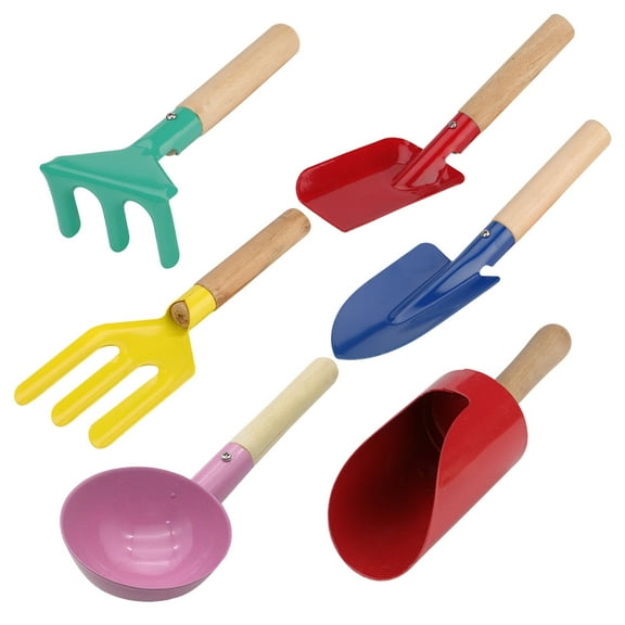 6Pc Gardening Tools With Sand To-ys Set And Beach Essentials For Backyard Real Metal Shovel Rake Trowel Sturdy Wooden Handles Yard Plant Cultivation Learning,One Size