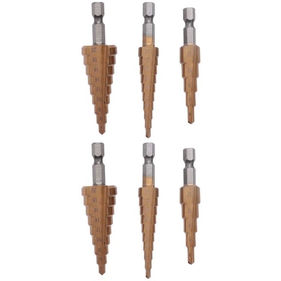 6Pc Hss Step Cone Taper Drill Bit Set Metal Hole Cutter Metric 3-12 4-12 4-20mm 1/4 Inch Titanium Coated Metal Hex Taper,6 x Step Drill Bit With Bag,golden yellow&silver