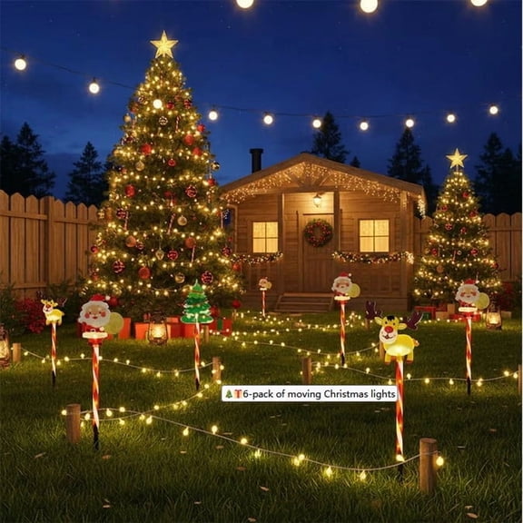 6Pc Moving Christmas Lights, Led Waterproof Solar Christmas Lights Outdoor Decorations,Solar Courtyard Tree Snowman Reindeer, Solar & Battery Power,For Porches, Trees, Pathway