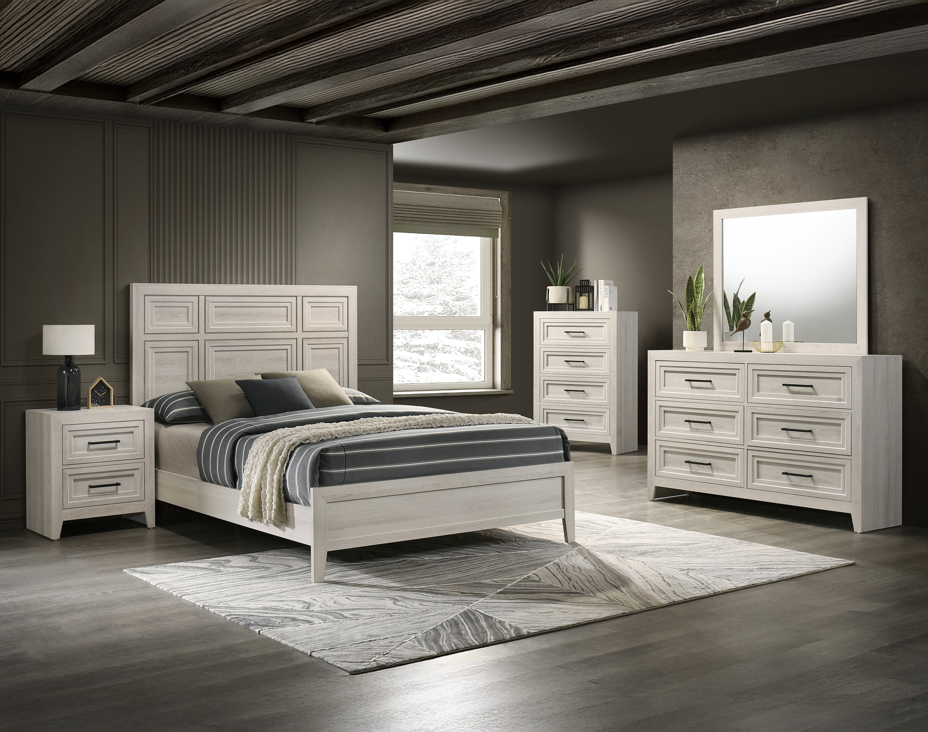 6Pc Off-White Architectural Paneling 6Pc King Size Bed Master Bedroom ...