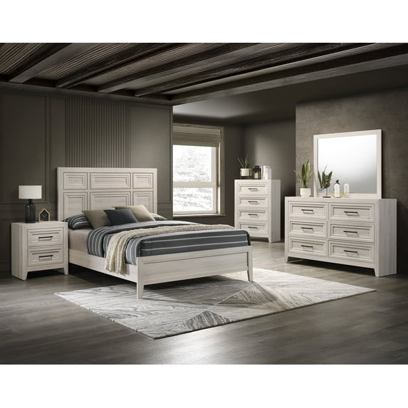 6Pc Off-White Architectural Paneling 6Pc Queen Size Bed Master Bedroom Set