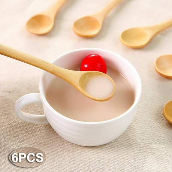 6Pc Spoon - 6Pcs Wooden Spoon Size Multi Purpose Teaspoon Seasoning Coffee Tea Sugar Jam Spoons Rounded Spoon Mouth Kitchen Wooden Spoon For Porridge, By PRYESS