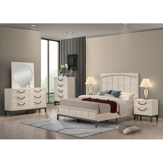 6Pc Unique Design Bedroom Set Beige Finish Queen Size Bed Dresser Mirror Nightstand Chest Solid Wood