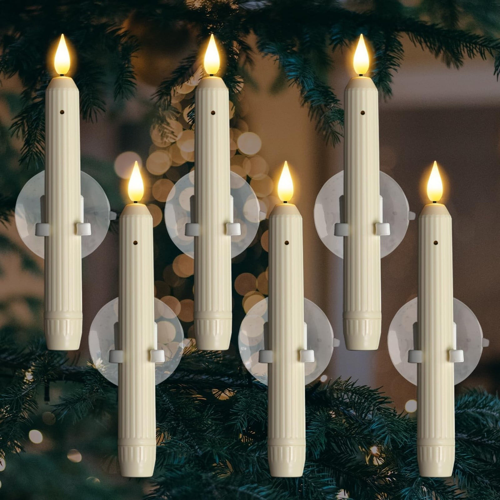6Pc Window Candles with Sensor Dusk To Dawn-Ivory Stripped Candlesticks ...