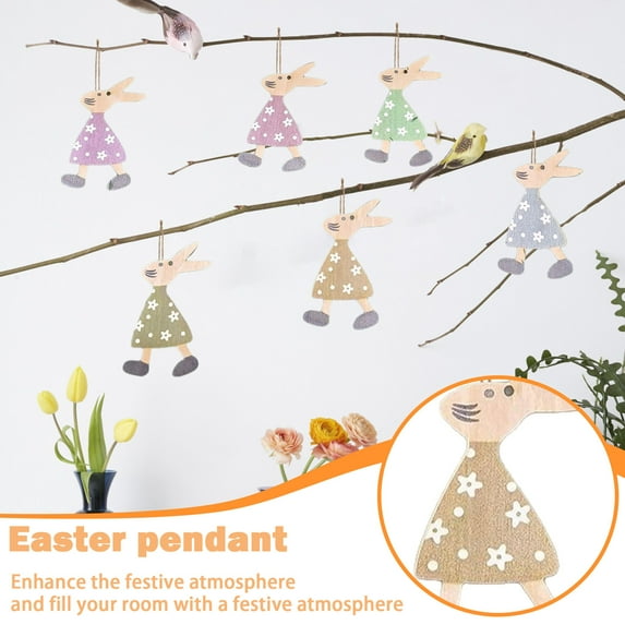 6Pc Wooden Easter Bunny Pendant 2D Hanging Decorations With Cute Flat Bunny Design For Easter Festivals, Home Parties And Spring Decor Displays