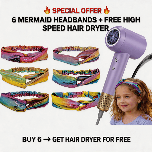 6Pce Mermaid Iridescent Headbands For Girls with Free High-Speed Hair Dryer , Sparkly Rainbow Metallic Finish, No Slip Elastic Headbands for Toddlers & Children