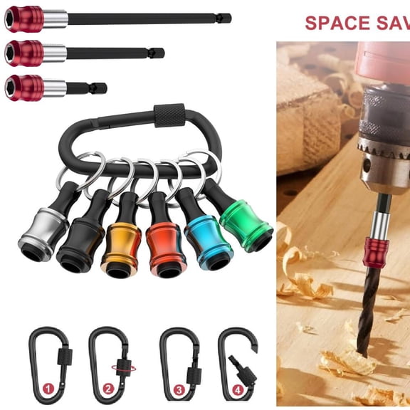 6Pcs 1/4inch Bit Holder Key Chain and 3pcs Magnetic Drill Screwdriver Bit Extension Set with 1 Carabiner for Screwdriver Drill