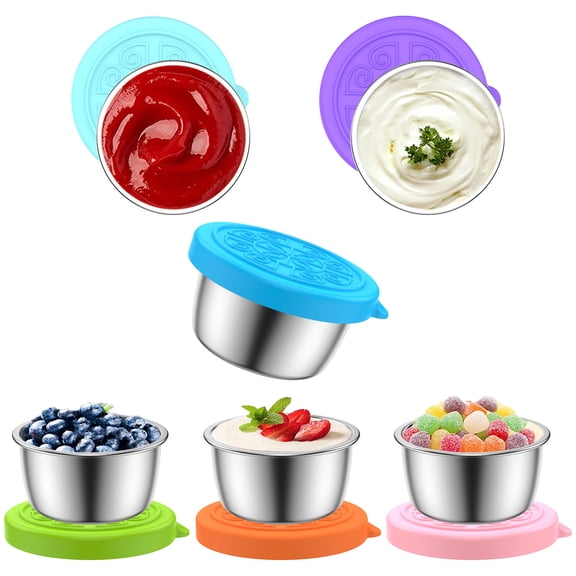 6Pcs 1.5 oz Salad Dressing Container,Leak-Proof Condiment Cups Container with Silicone Lid,Stainless Steel Condiment Cup Leak-Proof Mini Small Sauce Cups for Lunch Box Picnic Travel