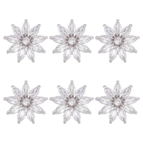 6Pcs 1-Hole Brass with Cubic Zirconia Shank Buttons Flower Platinum 17x17x8mm Hole: 2mm