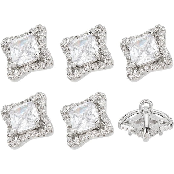6Pcs 1-Hole Brass with Cubic Zirconia Shank Buttons Rhombus Platinum 1.4x1.4x0.95cm Hole: 1.4mm