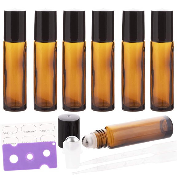 6Pcs 10ml Essential Oil Roller Bottles, with Stainless Steel Balls, Amber Glass Roll on Bottles for Oils, 1 Extra Ball, 6 Labels, Openers, 2 Droppers Included