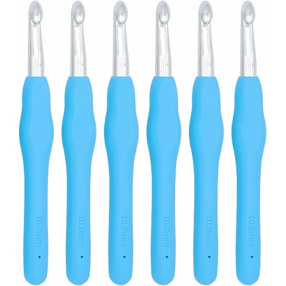 6Pcs 10mm Crochet Hooks Ergonomic Soft Grip Rubber Handle Aluminum Hook Knitting Needles US Size N/P (Size 15) for DIY Yarn Craft,Nice Gift for Women Adults Kids Children Beginners (Blue)