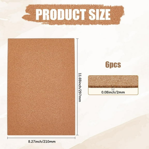 6Pcs 11.69 x 8.27 x 0.08 Inch Adhesive Cork Coaster Cork Board Sheet Sandy Brown Rectangle Insulation Cup Mat Bottoms Backing Corkboards Tiles for Drinks Supplies DIY Crafts Wall Decoration
