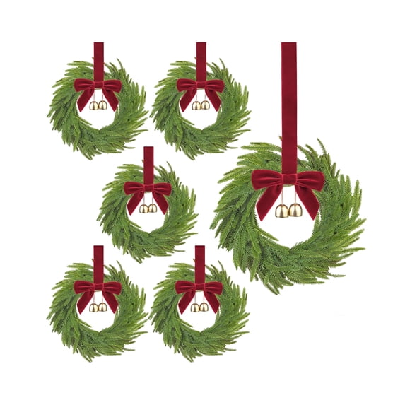 6Pcs 11.81in Artificial Norfolk Pine Christmas Cabinet Wreaths, Mini Wreath with Red Velvet Bow & Golden Bells, Hanging Wreath for Kitchen Cabinet Door Window Indoor Outdoor Holiday Decor