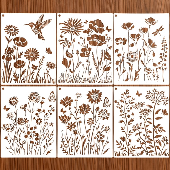 6Pcs 11x14" Wildflower Stencil for Painting Large Reusable Floral Design for DIY Craft Art Creation