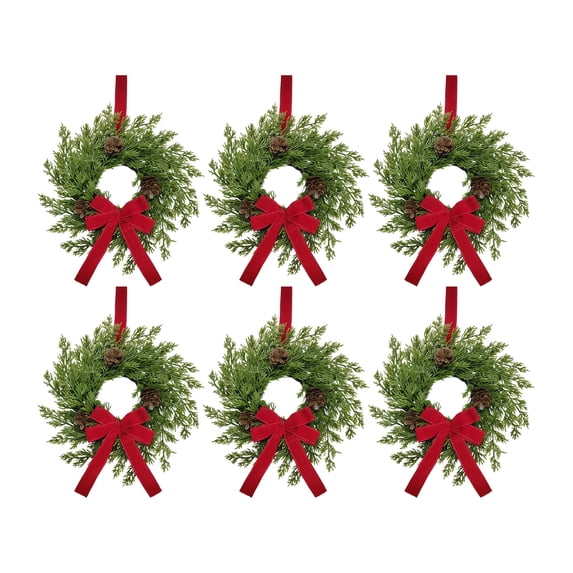 6Pcs 12" Compact Pinecone Holiday Wreath, Christmas Wreath for Windows Christmas Window Decorations Cabinet Wreaths With Red Bow Greenery Artificial Hanging Garlands for Fireplaces Window Home, C