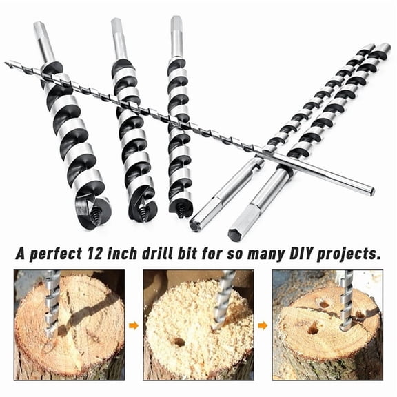 6-Piece 12-Inch Long Auger Drill Bit Set with Hex Shank, Steel Ship Auger Bits for Soft and Hard Wood, OPP Bag