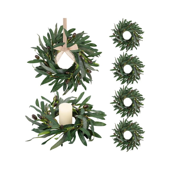 6Pcs 12" Olive Candle Ring Set, Green Olive Candle Rings Wreaths Greenery Wreath With Olive Leaves Spring Summer Kitchen Cabinet Wreath for Pillars Wedding Celebrations Tabletop Decoration, Green