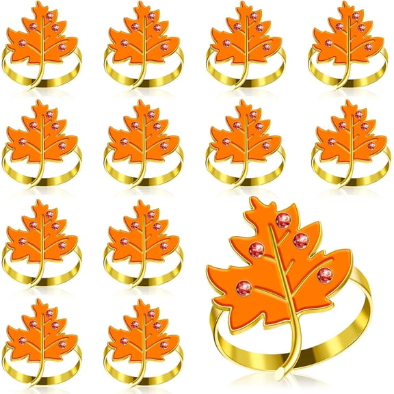 6Pcs/12Pcs Orange Maple Napkin Rings Fall Thanksgiving Napkin Ring Holder Buckle Leaf Napkin Ring Harvest Farmhouse Style Metal Rhinestone Napkin Rings for Thanksgiving Wedding Party Dinner Decor
