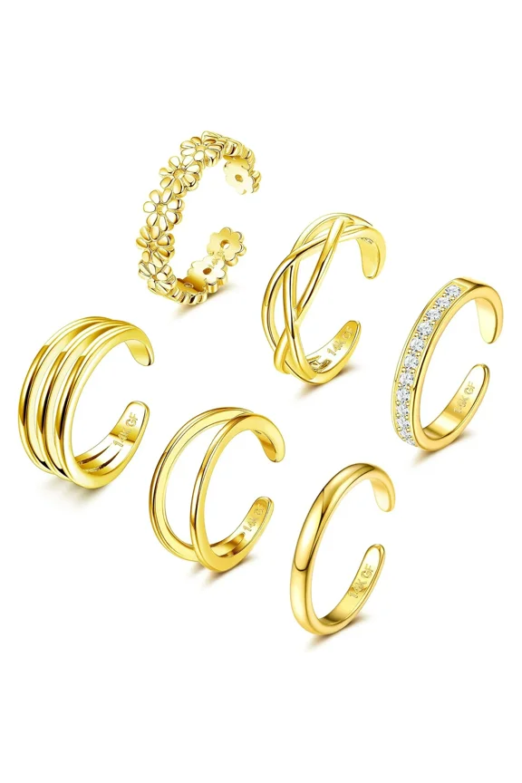 6Pcs 14K Gold Filled Toe Rings Adjustable Toe Ring for Women Cubic Zirconia Flower Heart Chain Open Toe Rings Summer Beach Foot Jewelry