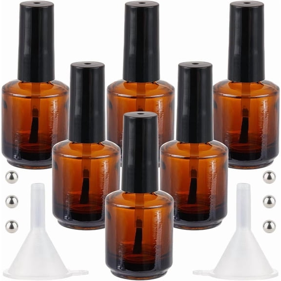 6Pcs 15ml Refillable Empty DIY Nail Polish Bottles Transparent Brown Glass Fingernail Bottle Cylindrical Vials Containers with Brush Plastic Funnel Stainless Steel Beads for Nail Art Sample DIY
