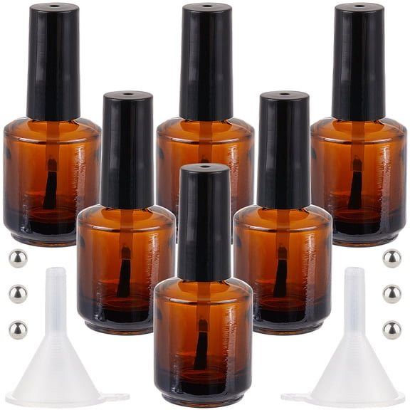 6Pcs 15ml Refillable Empty DIY Nail Polish Bottles Transparent Brown Glass Fingernail Bottle Cylindrical Vials Containers with Brush