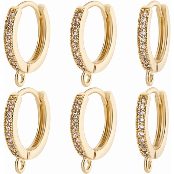 6Pcs 18K Gold Plated Brass Earring Hooks Cubic Zirconia Micro Pave Hoop with Horizontal Loop for Non Piercing DIY Crafts Real 18K Gold Plated