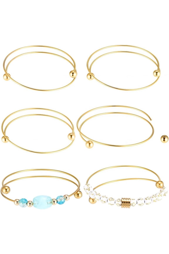 6Pcs 2.5 Inch Expandable Blank Bangle Bracelets Stainless Steel Gold Adjustable Wire Bangles Blank Cuff Bracelets with Removable Ball Bead