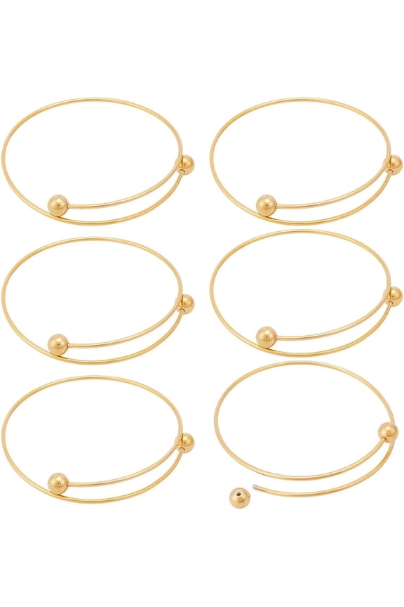 6Pcs 2.6 Inch Stainless Steel Adjustable Bangle Bracelet with Removable Ball Bead Real 18K Gold Plated
